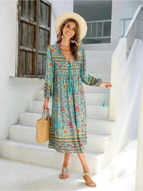 R. Vivimos Teal Womens Long Sleeve Floral Print Tassel Boho Midi Dress Sz XL NWT